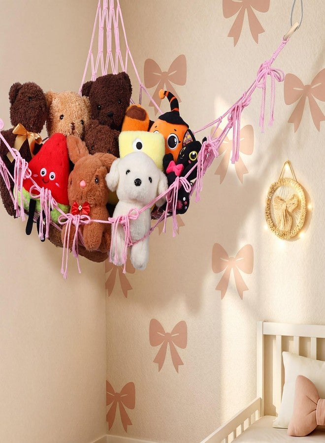 Ribbonlic Pink Bow Stuffed Animal Storage Hammock Net Pink Christmas Bow Room Decor for Youth Cute Stuffed Animal Net Corner Plushie Organizer Boho Coquette Nursery Dorm Bedroom Decor Aesthetic - Image 3